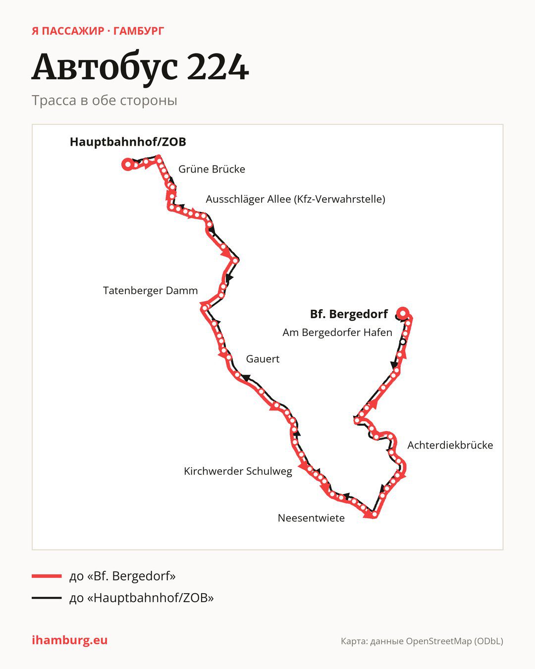 Автобус 224 в Гамбурге на карте: трасса в обе стороны