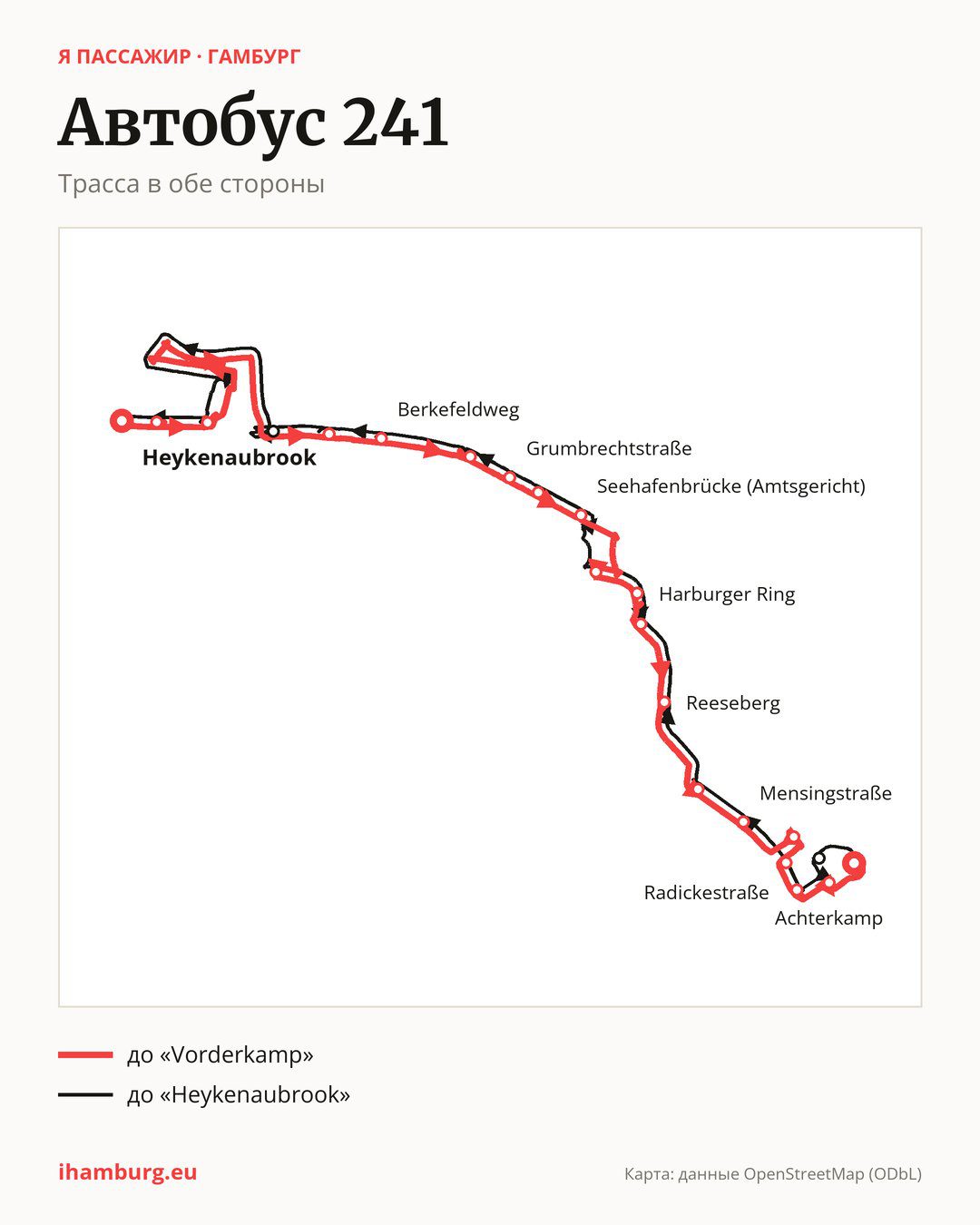 Автобус 241 в Гамбурге на карте: трасса в обе стороны