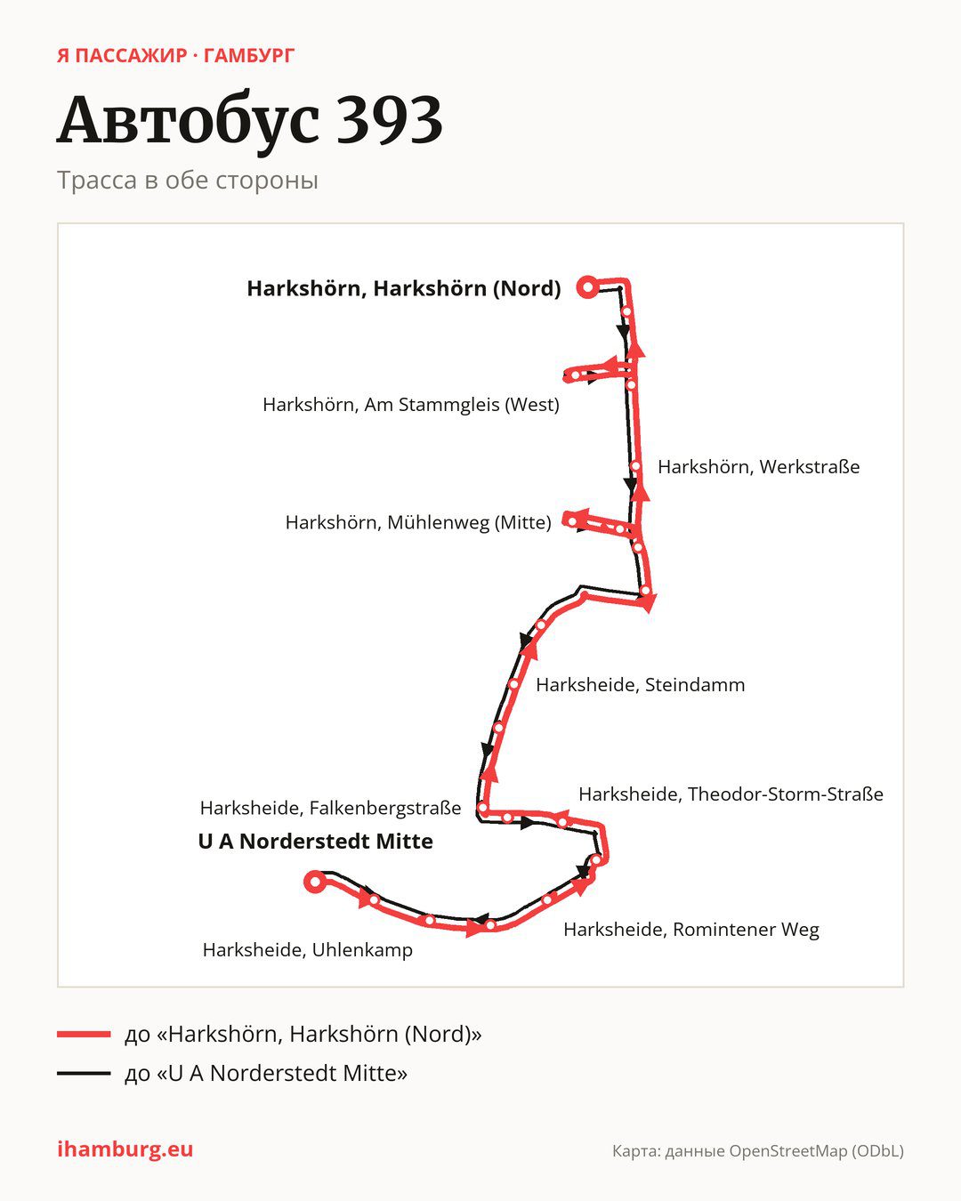 Автобус 393 в Гамбурге на карте: трасса в обе стороны